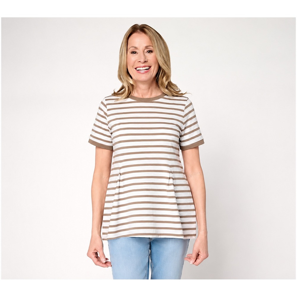 LOGO by Lori Goldstein Pleated Tee with Contrast Rib Trim White,Medium